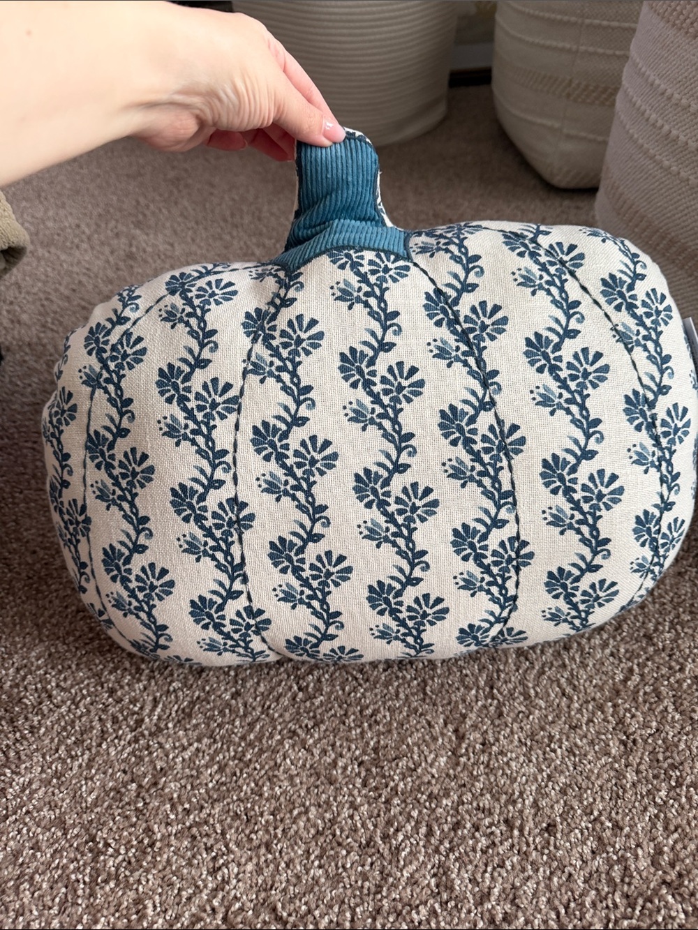 Blue Floral Pumpkin Accent Pillow - Home Holiday Pillow